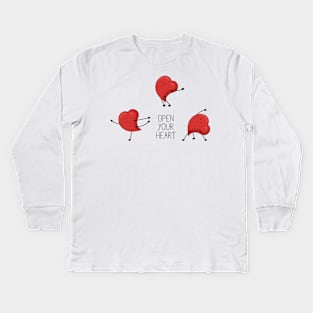 Open your heart illustration with red cartoon character doing yoga Kids Long Sleeve T-Shirt